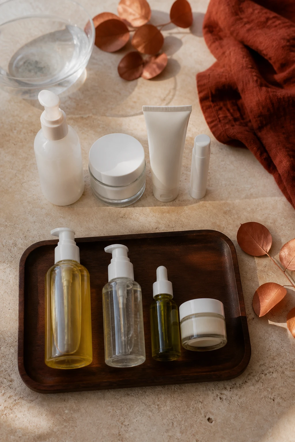 Image Prompt: A realistic overhead DSLR photograph of a simple fall skincare routine arranged in two neat groups on a pale travertine counter, morning group containing gentle cleanser, moisturizer, broad-spectrum sunscreen, and lip balm, evening group containing makeup remover, cleanser, one treatment serum, and moisturizer, all products in elegant plain unbranded packaging, rust linen hand towel, small copper leaves, glass bowl of water, and dark walnut tray, warm natural window light, cream, amber, muted olive, and burgundy palette, highly realistic glass, lotion, gel, stone, and fabric textures, clean editorial beauty flat lay, 50mm lens, no readable labels, no text overlay.
