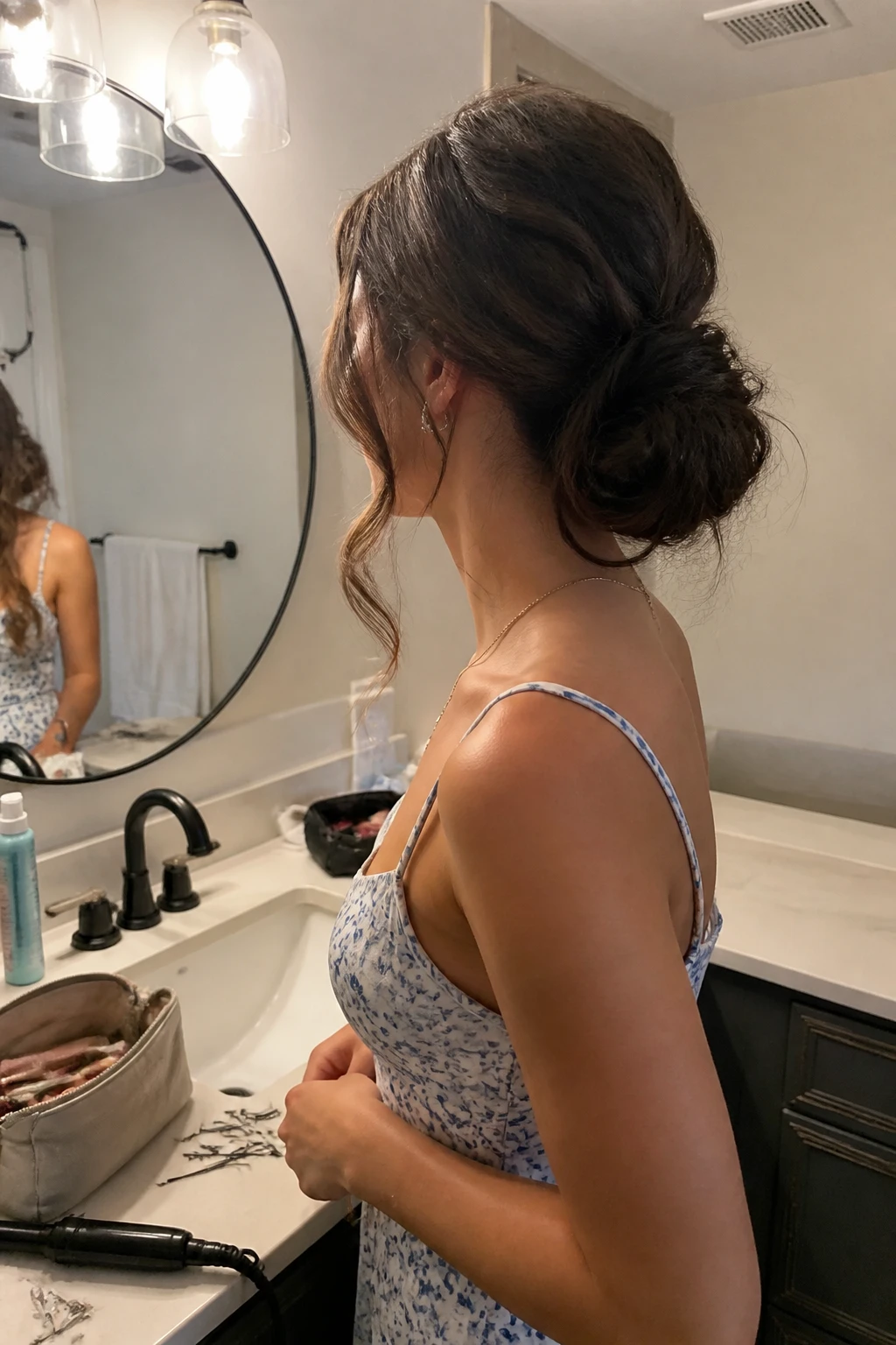 Image prompt

Photo of a woman wearing a low curly bun with soft face-framing tendrils and a slightly textured crown, side profile view highlighting the bun and loose curls, standing at a bathroom vanity mirror, soft indoor lighting, containing a small lived-in detail such as bobby pins beside an open makeup bag and a curling wand on the counter, realistic getting-ready moment, latest iPhone photo quality.