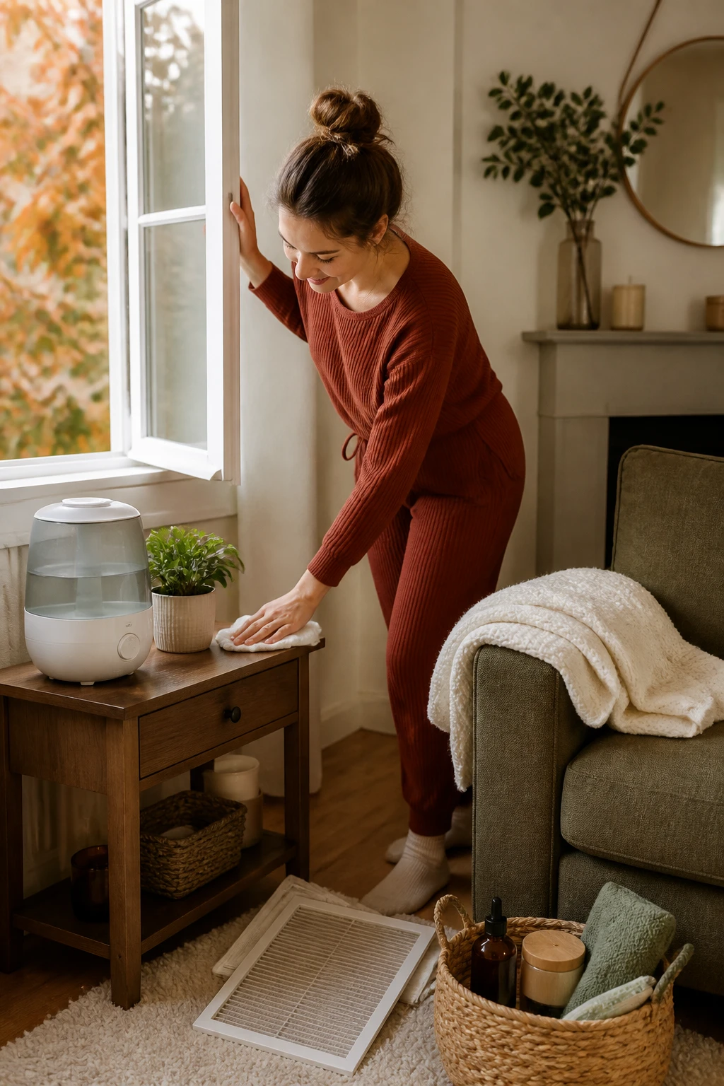 Image Prompt: A bright realistic interior photograph of a woman refreshing her living space for fall wellness, opening a window while changing a small air filter and wiping dust from a wooden side table, wearing comfortable rust-colored lounge clothes, clean humidifier, folded cream blanket, indoor plant and basket of neatly stored self-care items nearby, sunlight entering a calm cream and olive living room, subtle copper leaves visible outside, believable household textures and natural body proportions, editorial DSLR home photography, 35mm lens, no brand names, no text.