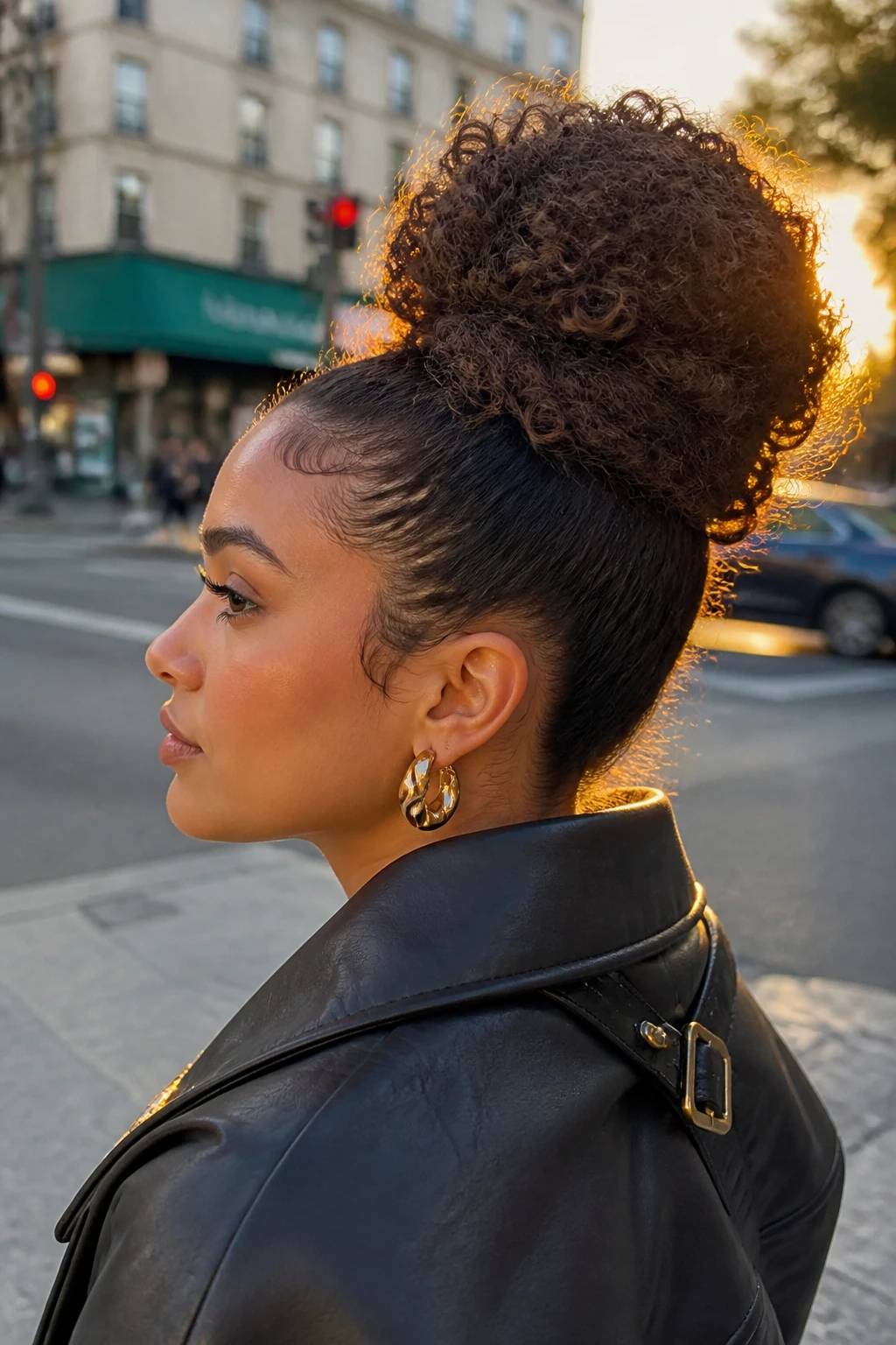 Image prompt

Photo of a woman wearing a high curly bun with a rounded textured shape and a smooth wrapped base, side profile view highlighting the height and curl detail, softly blurred city street background, golden hour glow, containing a small lived-in detail such as statement earrings peeking through and a small hair clip attached to her jacket collar, realistic candid photograph, latest iPhone photo quality.