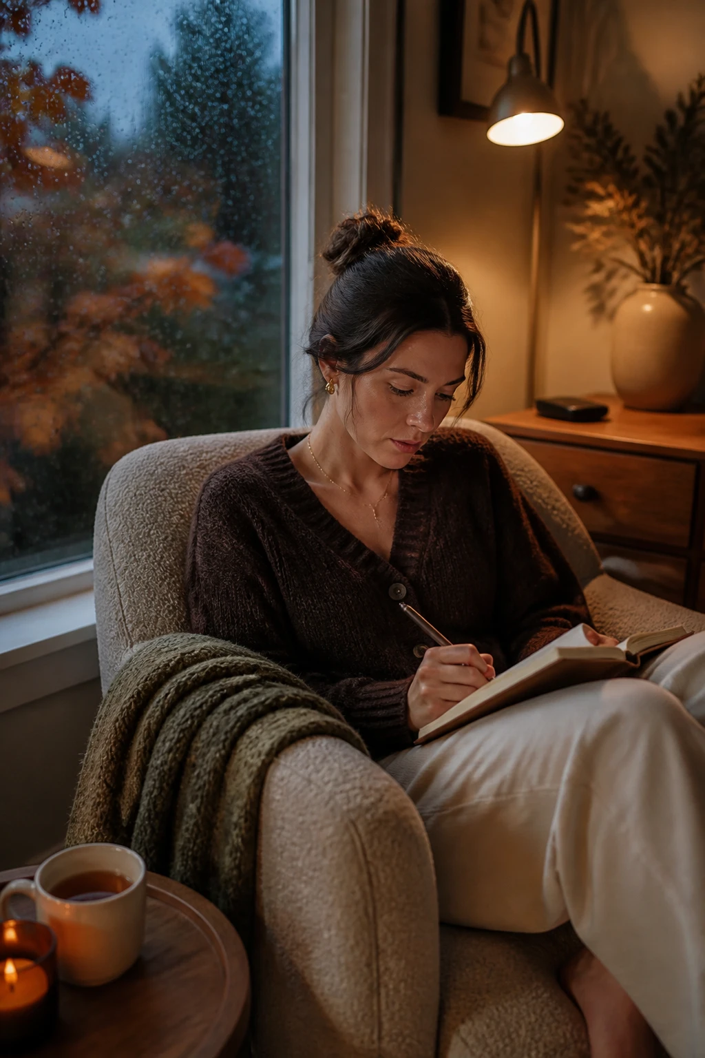Image Prompt: A realistic intimate lifestyle photograph of a woman completing a quiet mental wellness check-in beside a rain-speckled fall window, sitting in a comfortable armchair wearing a soft chocolate cardigan and cream trousers, writing in a journal with the page turned away, smartphone resting face down on a distant sideboard, warm herbal tea, small reading lamp and textured olive blanket nearby, cool blue-gray evening outside contrasted with warm amber interior lighting, calm thoughtful expression, natural skin texture, editorial DSLR photography, 50mm lens, no readable writing, no text.