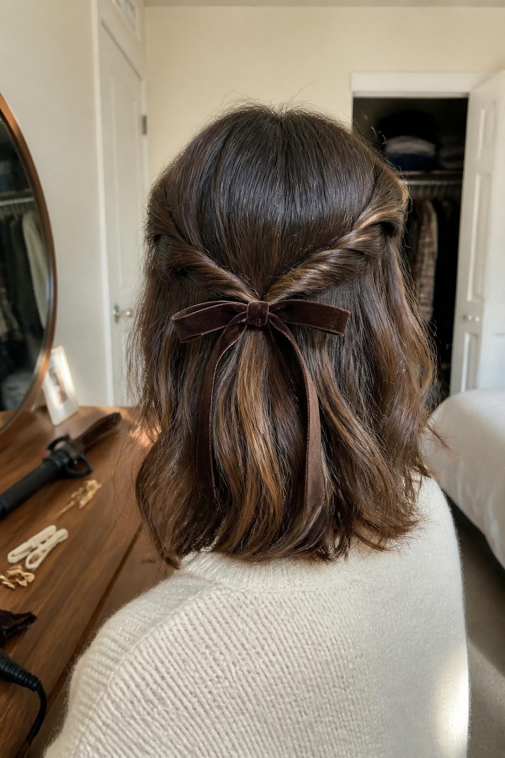 Photo of a woman wearing a softly waved collarbone lob with two narrow rope twists meeting in a small half-up ponytail and a chocolate-brown velvet bow tied at the back, back-of-head view in a warmly lit bedroom, natural window light, curling iron and sectioning clips resting on the dresser, cream sweater visible and a slightly open closet behind her, realistic flyaways and relaxed texture, latest iPhone photo quality.