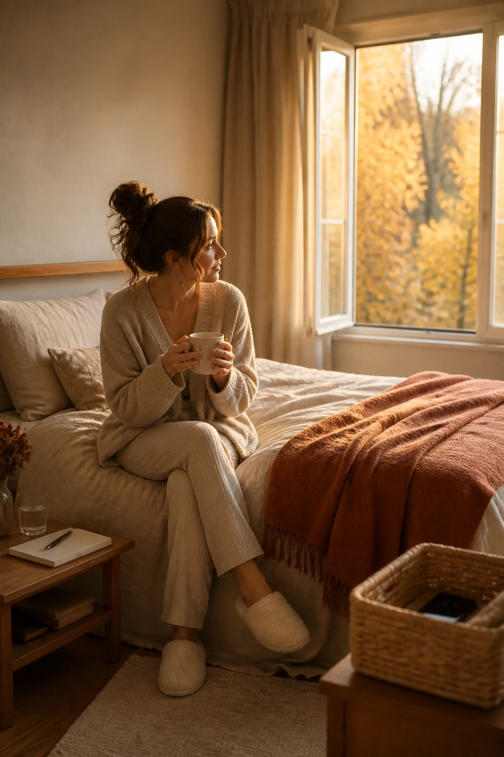 Image Prompt: A realistic DSLR lifestyle photograph of a woman beginning a quiet fall Sunday morning in a softly lit bedroom, sitting comfortably on the edge of a cream linen bed while holding a ceramic mug of tea, smartphone resting face down inside a small woven basket across the room, open curtains revealing golden autumn trees outside, oatmeal cardigan, relaxed lounge trousers and soft slippers, journal and glass of water on a wooden bedside table, rust-colored blanket folded at the foot of the bed, pale golden morning sunlight, warm cream, caramel, muted orange and brown palette, natural skin texture and realistic body proportions, peaceful editorial wellness photography, 50mm lens, no visible logos, no text.