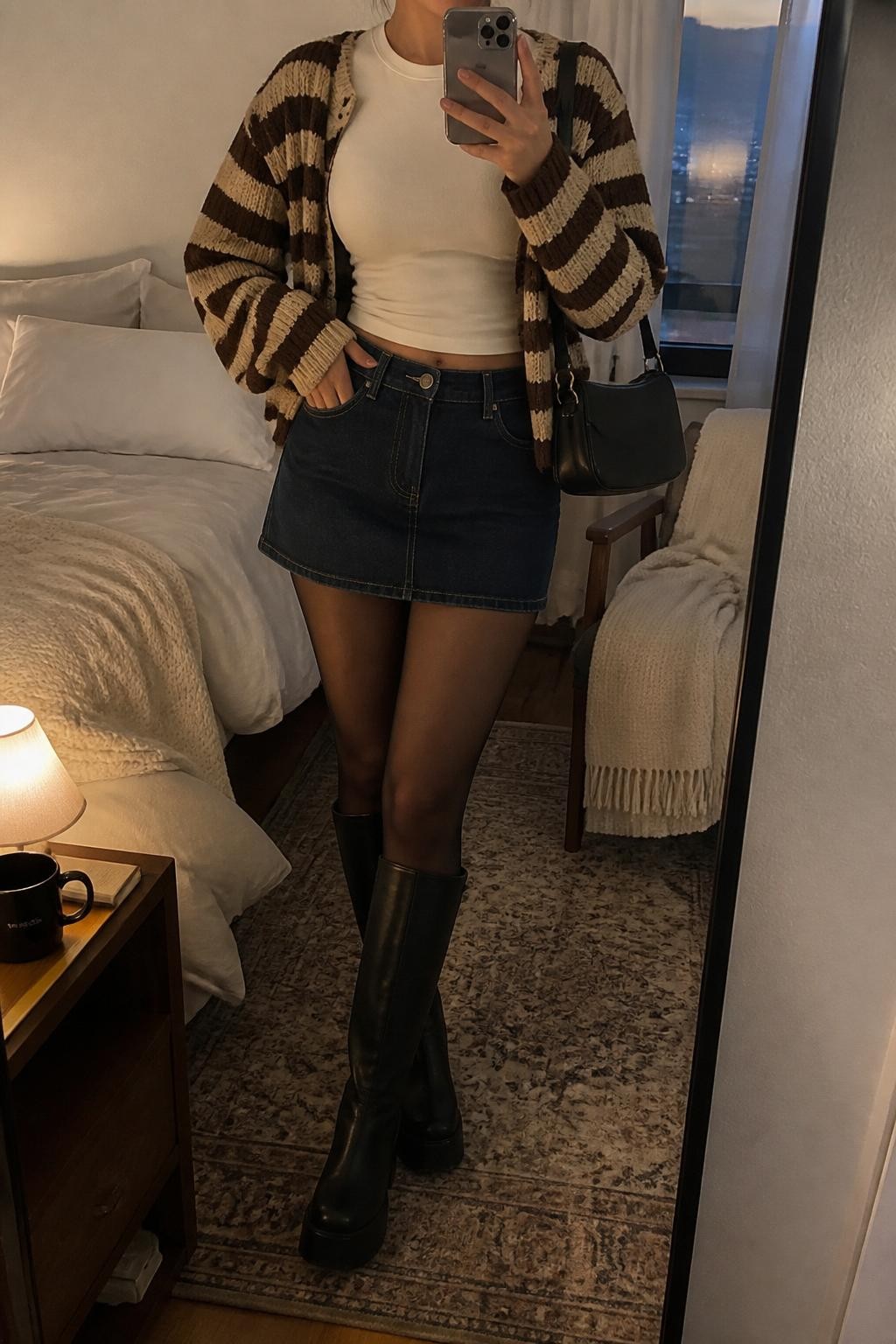 mirror selfie of a woman wearing a dark denim mini skirt, fitted cream baby tee, striped brown and cream knit cardigan, sheer black tights, black knee-high platform boots, and a black baguette bag, clearly showing the same clothing items, colors, fabrics, and accessories listed in the Outfit Pieces section, holding a phone in front of a mirror, cropped at NECK so the face does not show, with a relaxed casual selfie pose, in a cozy bedroom mirror setup, evening golden hour, including a coffee mug on a bedside table and a folded blanket on a chair, latest iPhone photo quality.