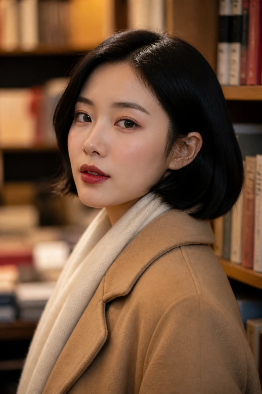 Image Prompt: A cinematic realistic beauty portrait of an East Asian woman wearing a blurred berry fall lip, deep cranberry-plum color concentrated through the center of the lips and softly diffused around the edges, no hard lip-line outline, clean luminous skin, subtle brown eye makeup, natural lashes, and muted berry blush, glossy black bob tucked behind one ear, woman wearing a camel wool coat and cream scarf, photographed in a warmly lit bookstore with shelves softly blurred behind her, realistic lip and skin texture, editorial DSLR photography, 85mm lens, no readable book titles, no logos, no text, no watermarks on images.