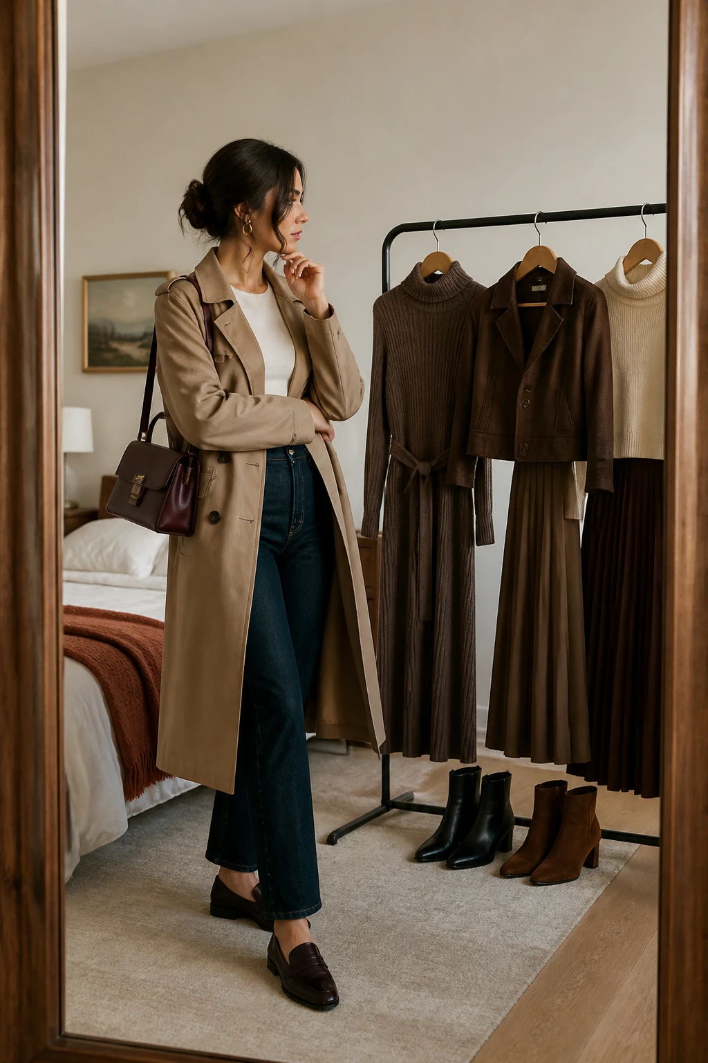 Image Prompt: A realistic full-length fashion photograph of a woman standing in front of a bedroom mirror while comparing three polished fall outfit combinations arranged on a clothing rack, wearing straight-leg dark denim, a fitted cream top, camel trench coat, leather loafers and a structured burgundy handbag, additional outfit options featuring a knit midi dress, cropped jacket, pleated skirt and ankle boots, tidy neutral bedroom with a rust throw and wooden furniture, soft afternoon light, realistic fabric textures and body proportions, editorial street-style photography, 50mm lens, no visible fashion logos, no text.