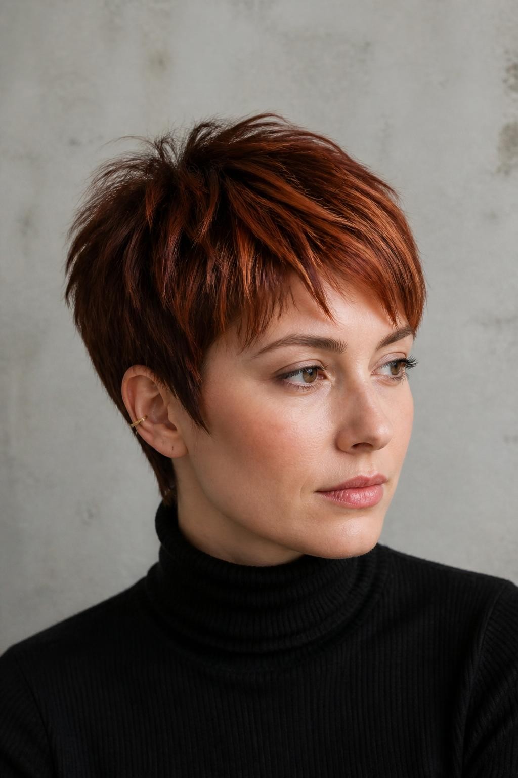 A realistic editorial portrait of a woman with fair skin wearing a choppy pixie haircut, deep burnt-sienna brown base, darker cinnamon roots, irregular copper and terracotta panels painted through the crown, softer bronze-red sides, slightly brighter apricot-copper pieces near the front, no neon orange or solid all-over red, short jagged fringe, textured lifted crown, black turtleneck, small gold ear cuff, pale concrete studio wall, soft directional lighting, realistic pigment separation, natural flyaways and satin shine.