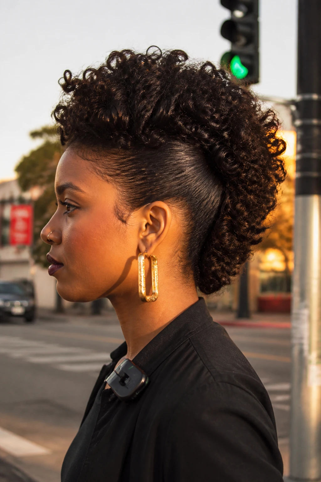 Image prompt

Photo of a woman wearing a curly mohawk-inspired pin-up with voluminous curls running from the nape to the crown and smoothly pinned sides, side profile view highlighting the sculpted shape, standing against a softly blurred city street background, golden hour glow, containing a small lived-in detail such as bold earrings and a small clip attached to her jacket collar, realistic candid photograph, latest iPhone photo quality.