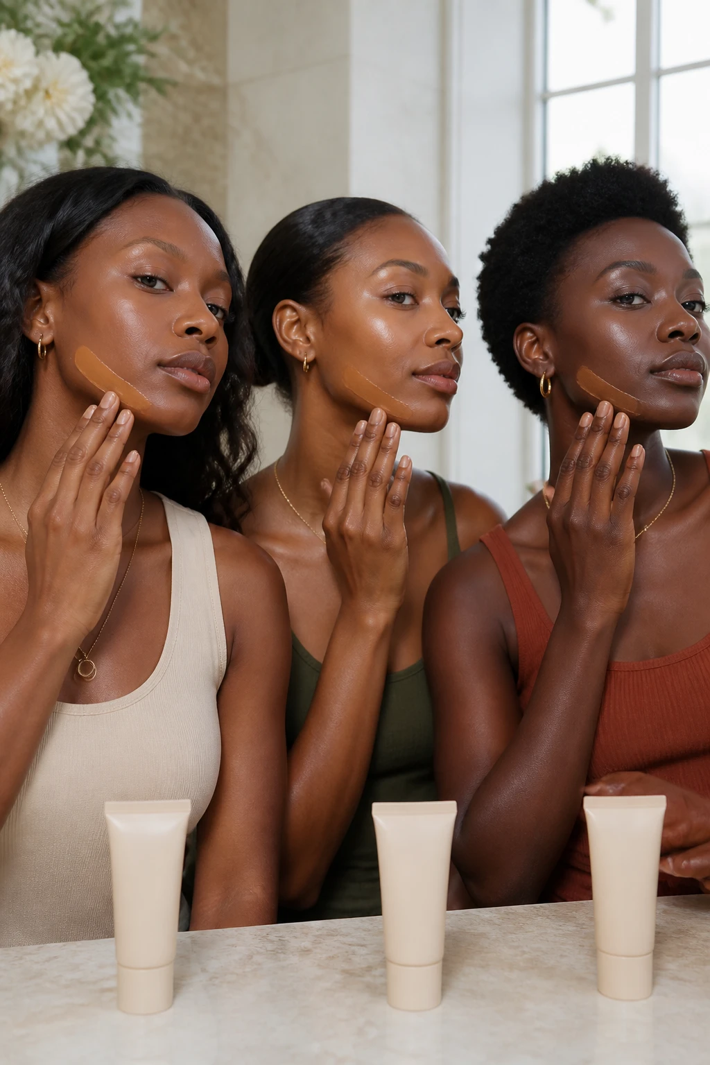 Image Prompt: A high-resolution realistic beauty portrait of three Black women with different deep skin tones testing tinted sunscreen shades in a bright beauty studio, one woman with warm mahogany skin, one with neutral deep-brown skin, and one with rich ebony skin, small swatches of flexible sheer sunscreen blended along their jawlines without a gray or purple cast, natural skin texture and undertones clearly visible, women wearing elegant cream, olive, and rust tops with simple gold jewelry, plain unbranded sunscreen tubes on a stone counter, soft diffused daylight, premium inclusive skincare campaign photography, 100mm lens, no excessive retouching, no logos, no text.
