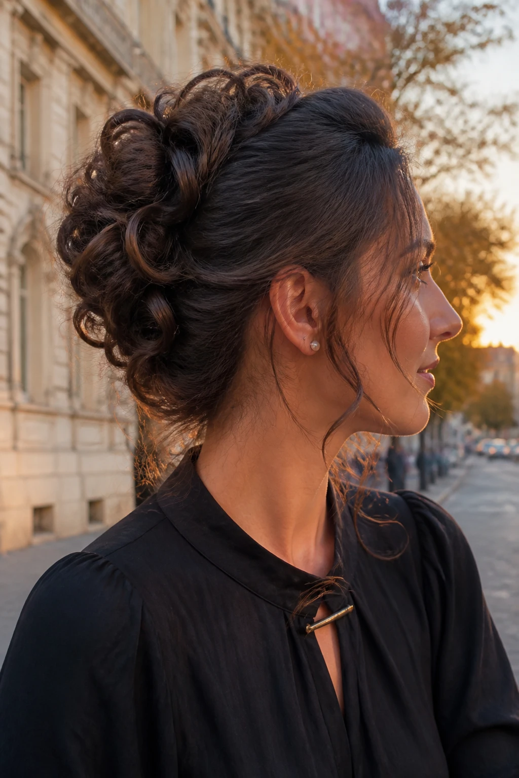 Image prompt
Photo of a woman wearing a loose curly mohawk updo with soft curls pinned individually through the centre and relaxed tendrils around the face, side profile view against a softly blurred city street background, golden hour glow, containing a small lived-in detail such as pearl earrings peeking through and a slim hair clip attached to her dress collar, realistic candid photograph, latest iPhone photo quality.