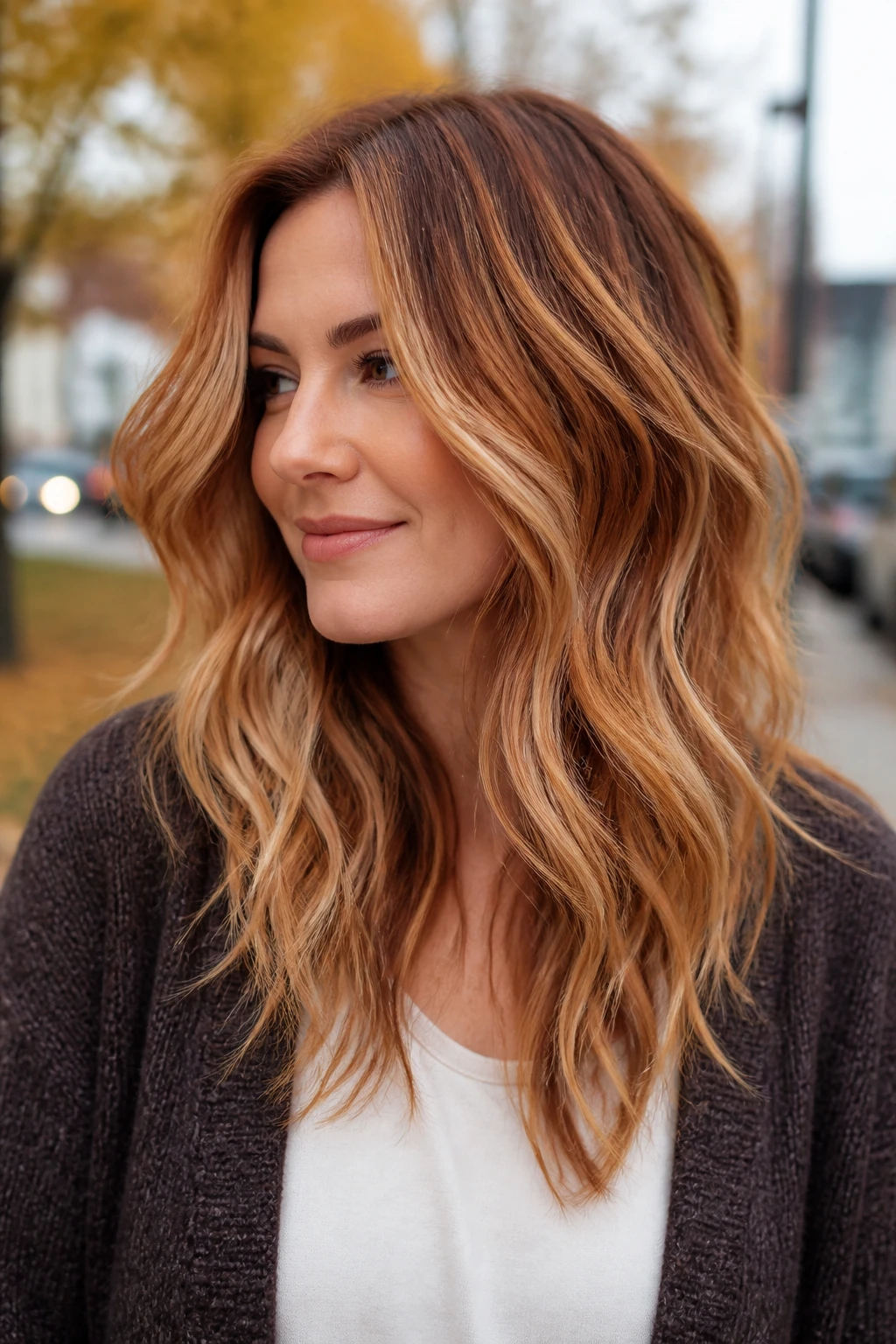 A realistic portrait of a woman with fair skin and medium-length layered waves, burnished apricot and bronze prism hair color, deep cinnamon root shadow, separate ribbons of muted apricot, antique copper, red-gold, and bronze-blonde painted through the layers, brighter apricot pieces around the face, darker bronze sections underneath, no rainbow striping or neon orange, tousled waves with textured ends, dark brown cardigan over an ivory top, blurred autumn street, cloudy daylight, realistic pigment separation and natural movement.